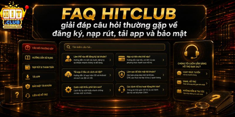 FAQ HITCLUB giải đáp câu hỏi thường gặp về đăng ký nạp rút tải app và bảo mật