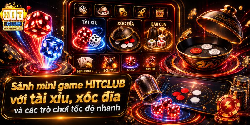 Sảnh mini game HITCLUB với tài xỉu xóc đĩa và các trò chơi tốc độ nhanh