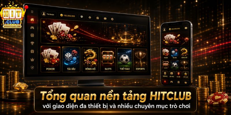 Tổng quan nền tảng HITCLUB với giao diện đa thiết bị và nhiều chuyên mục trò chơi